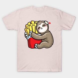 Girls Kawaii Sloth Hugging French Fries Potato Love T-Shirt